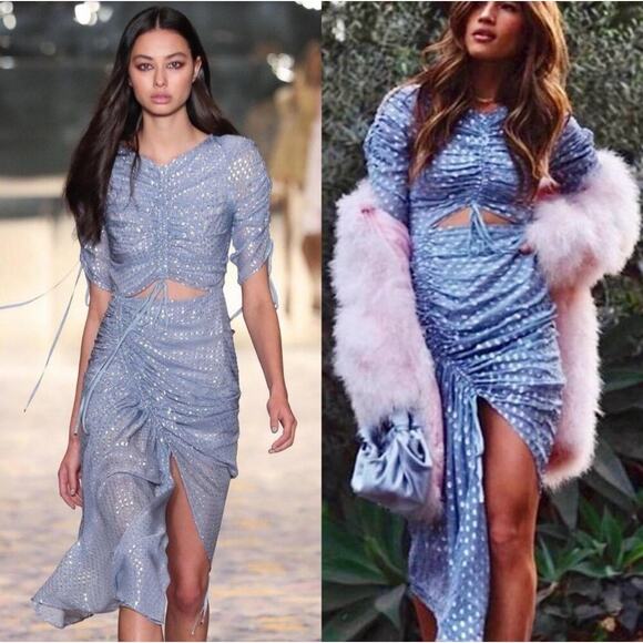 Alice McCall I Feel It Coming Ruched Asymmetrical Blue Midi Dress Size 4 - Picture 1 of 10